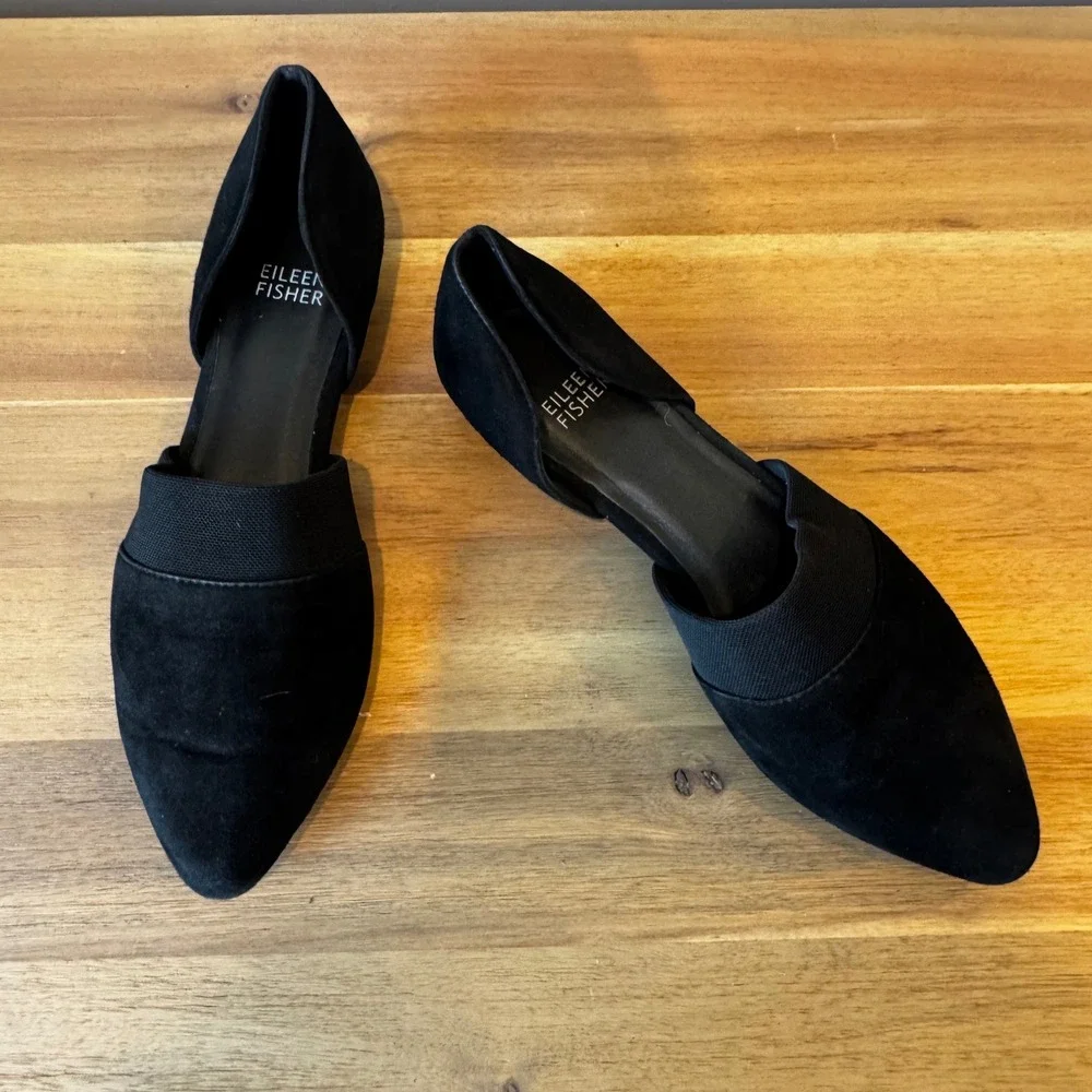 Eileen Fisher Women 6.5‎ Black Suede Pointed Toe d'Orsay Flats Elastic Strap